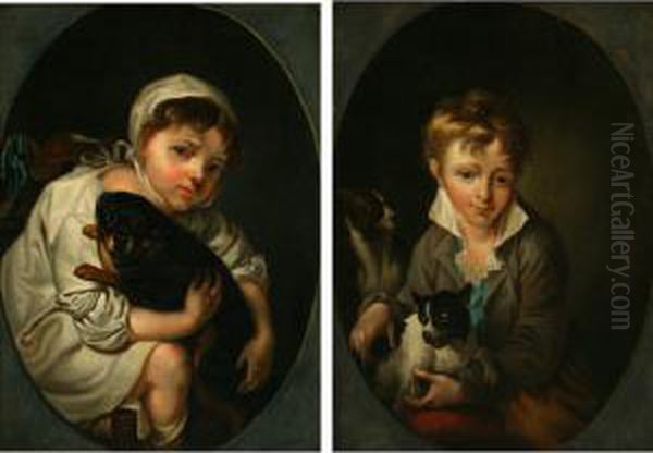 Portrait Of A Girl And A Boy With Dogs Oil Painting by Hans Hansen