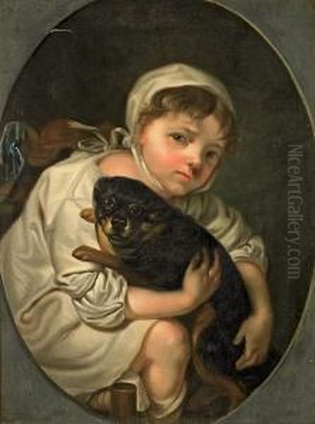 A Little Boy With Two Dogs And A Little Girl With A Small Dog Oil Painting by Hans Hansen