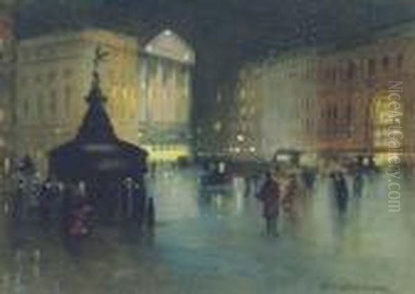 Piccadilly Circus At Night Oil Painting by Hans Jacob Hansen