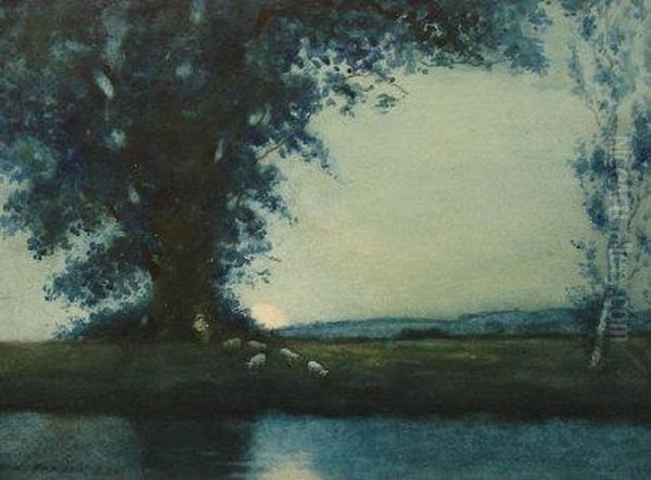 Moonlit Shepherd - Shepherd Tending His Flock Beneath A Tree Beside
 A Moonlit River Oil Painting by Hans Jacob Hansen