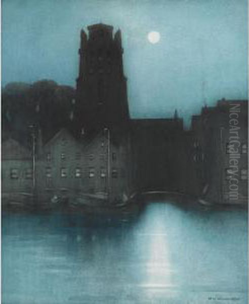 A Moonlit Harbour Oil Painting by Hans Jacob Hansen