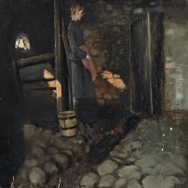 A Milk Maid In Astable Interior With Sunbeams Oil Painting by Hans Nicolaj Hansen