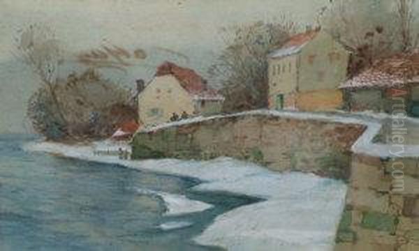 Hansen, Danish -- Winter River Landscape With Cottages Oil Painting by Hans Nicolaj Hansen