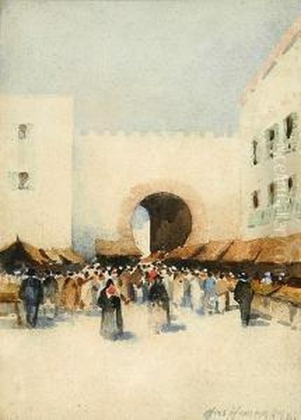 North African Market Scene Oil Painting by Hans Nicolaj Hansen