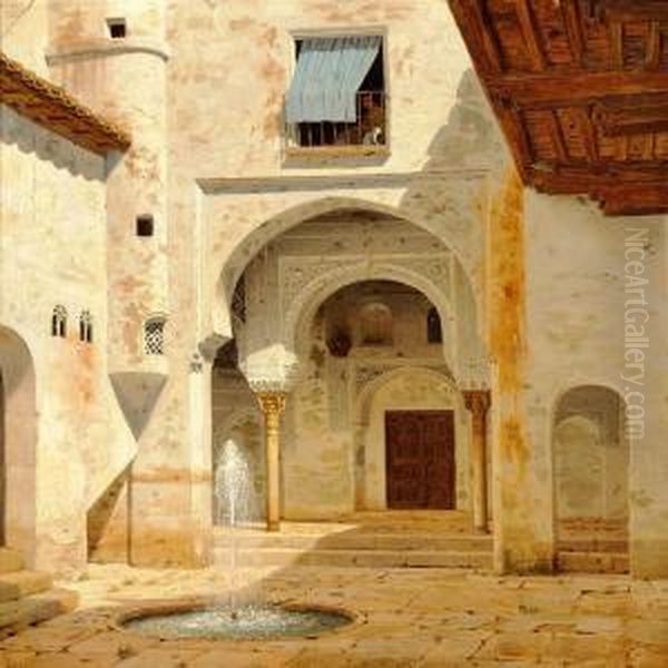 View Of A Courtyard In Alhambra Oil Painting by Heinrich Hansen