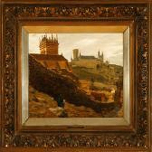 View Of Segovia In Spain With An Artist In The Foreground Oil Painting by Heinrich Hansen