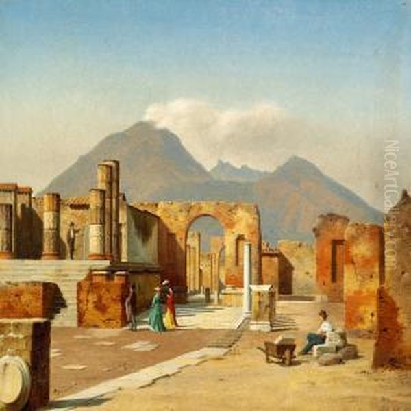 Visitors Exploring The Ruins Of Pompei Oil Painting by Heinrich Hansen