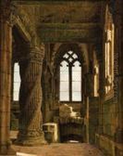 Rosslyn Chapel, Near Edinburgh, South Aisle Of The Chancellooking East Oil Painting by Heinrich Hansen