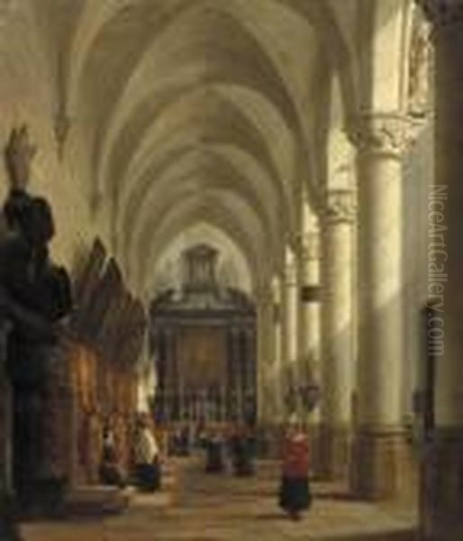 A Priest Celebrating Mass In The St. Paul Cathedral, Antwerp Oil Painting by Heinrich Hansen