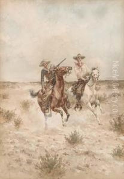 Two Cowboys On Horseback Oil Painting by Herman Wendleborg Hansen