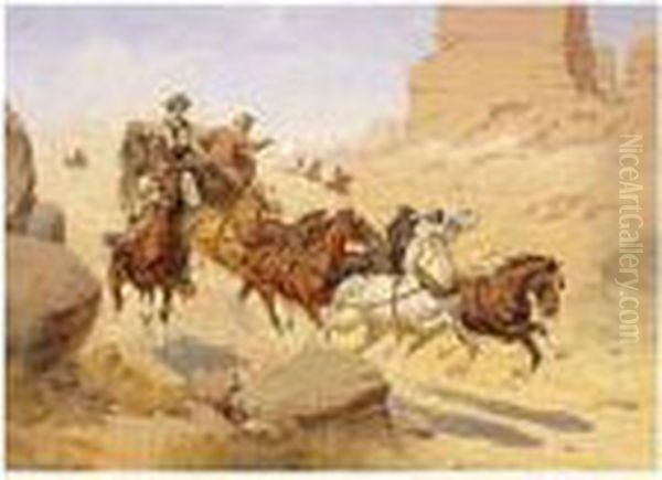 Attack On The Stagecoach Oil Painting by Herman Wendleborg Hansen