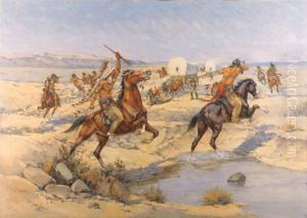 Attack On The Wagon Train Oil Painting by Herman Wendleborg Hansen