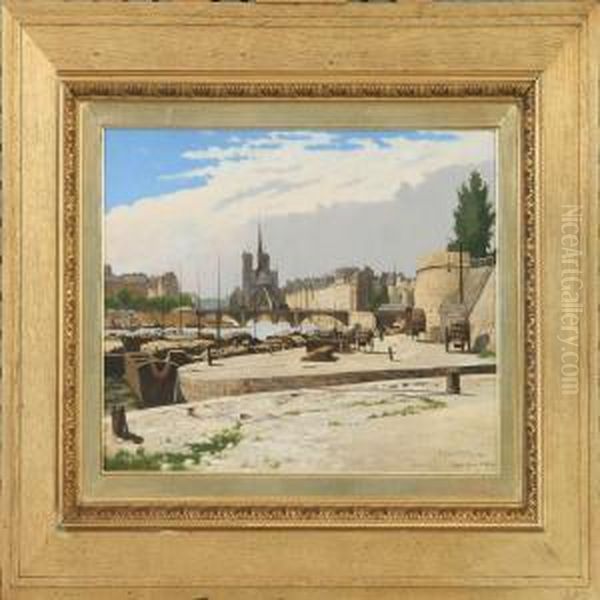 View From Paris With Theseinen Og Notre Dame-kirken Oil Painting by Josef Theodor Hansen