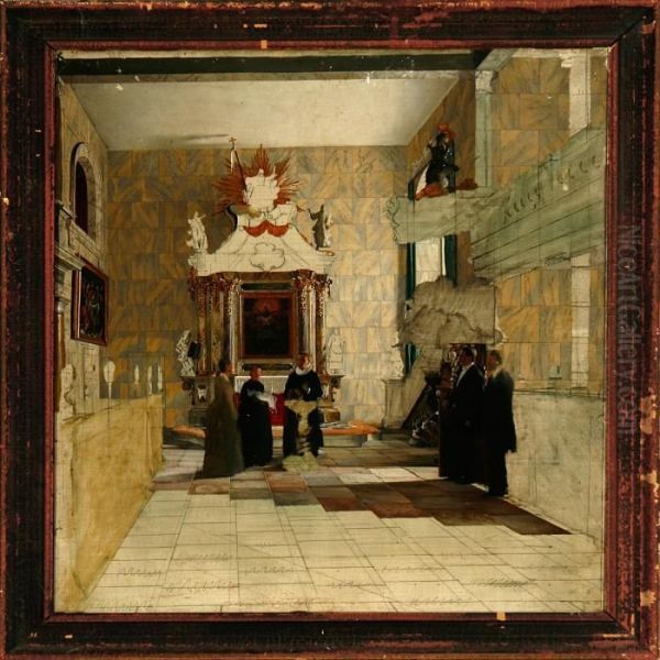 Baroque Church Interior With A 
Christening, Presumeably In A Private Chapel On A Danish Manor Oil Painting by Josef Theodor Hansen