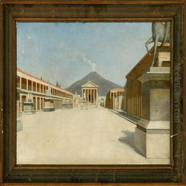 Forum In Pompei, In The Background Vesuvius Smoulders Oil Painting by Josef Theodor Hansen