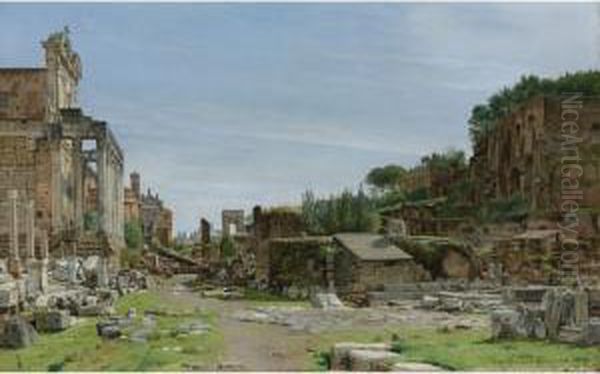 The Roman Forum: A View From The
 Via Sacra Looking East Towards The Arch Of Titus, The Temple Of 
Antoninus And Fausta To The Left, And The Palatine Rising To The Right. Oil Painting by Josef Theodor Hansen