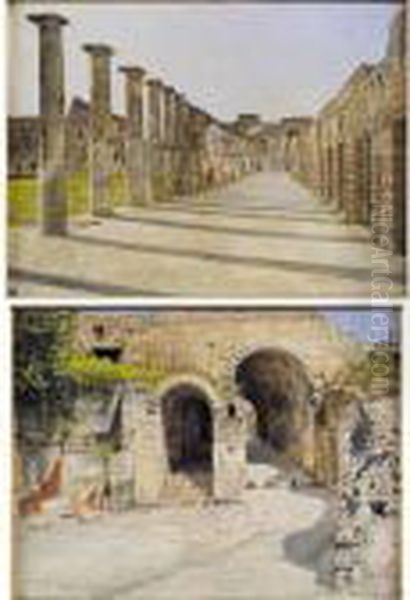 The Gladiators' Barracks And The Porta Marina: A Pair Of Views Of Pompeii Oil Painting by Josef Theodor Hansen