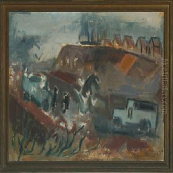 Landscape With Cars And Houses Oil Painting by Niels Hansen