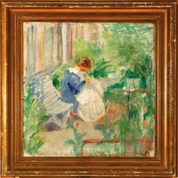 A Woman On A Gardenbench Oil Painting by Niels Hansen