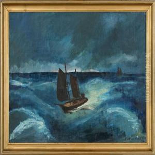 Cutters In Stormy Water. Signed Niels Hansen 32 Oil Painting by Niels Hansen