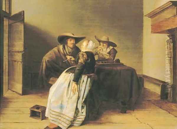 An interior with two soldiers and a lady Oil Painting by Pieter Codde