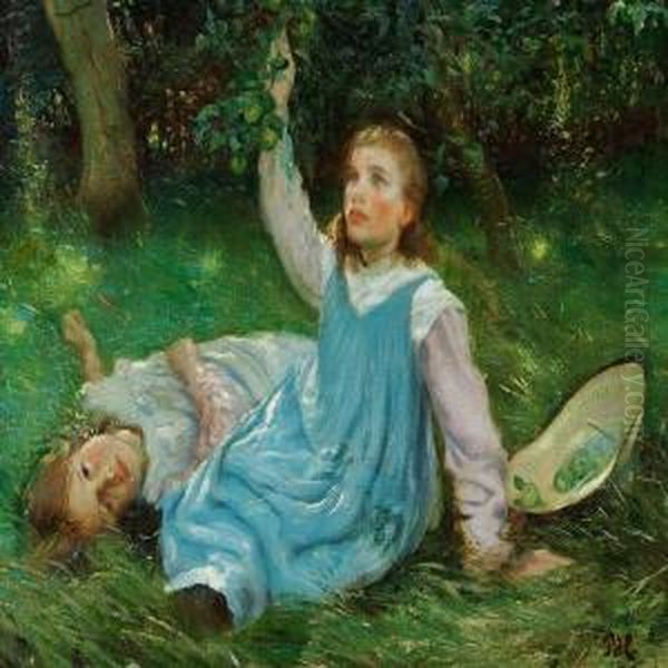 To Little Girls In Light Summer Dresses Under A Shadowy Tree Oil Painting by Peter Marius Hansen