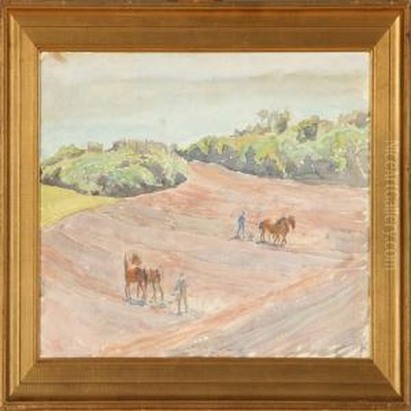 Field Landscape With Twofarmers Oil Painting by Peter Marius Hansen