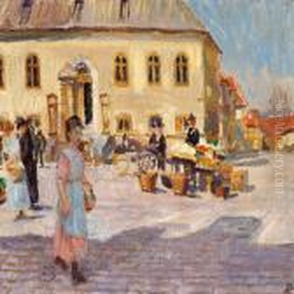 Market Scene In Faborg Oil Painting by Peter Marius Hansen