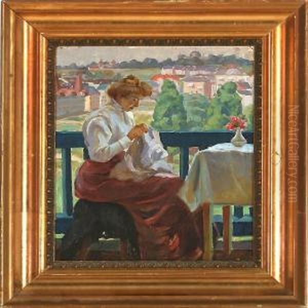 Woman With Her Needlework On A Terrace Oil Painting by Peter Marius Hansen