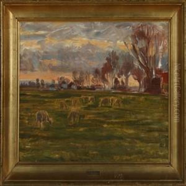 Landscape With Grazing Sheep Oil Painting by Peter Marius Hansen