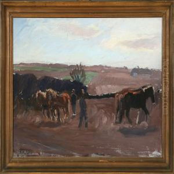 Ploughing Scene Oil Painting by Peter Marius Hansen