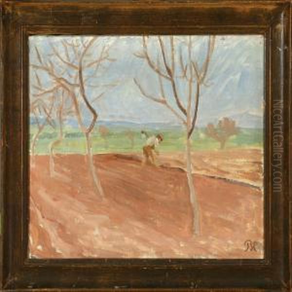 A Farmer Working In The Field Oil Painting by Peter Marius Hansen