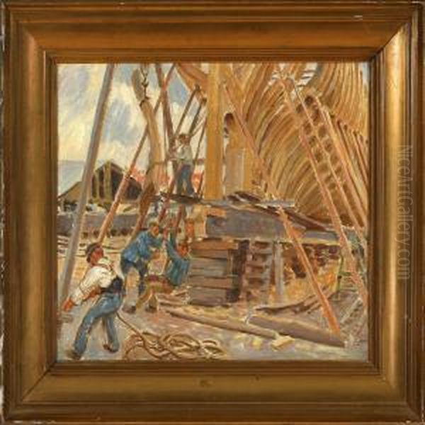 Scene From A Ship Bulding Yard Oil Painting by Peter Marius Hansen