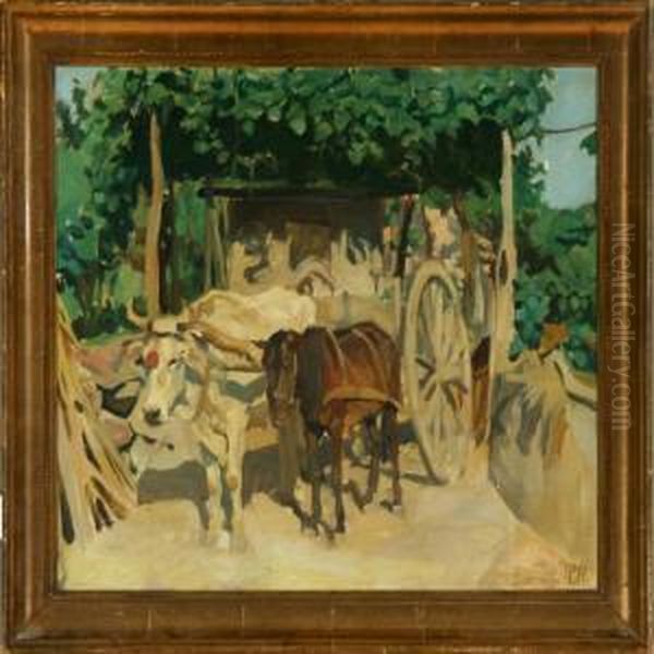 A Horse And An Ox Hitched To A Cart In Italy Oil Painting by Peter Marius Hansen