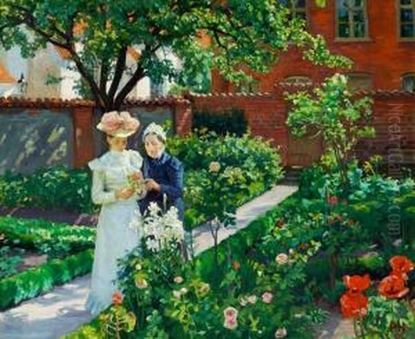 Two Ladies Strolling In A Flower Garden Oil Painting by Peter Marius Hansen