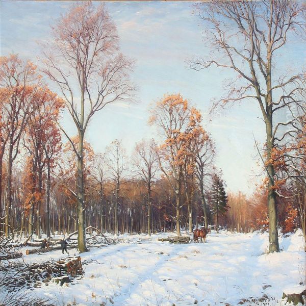 Winter Day In A Forest With Lumberjacks Oil Painting by Sigvard Hansen