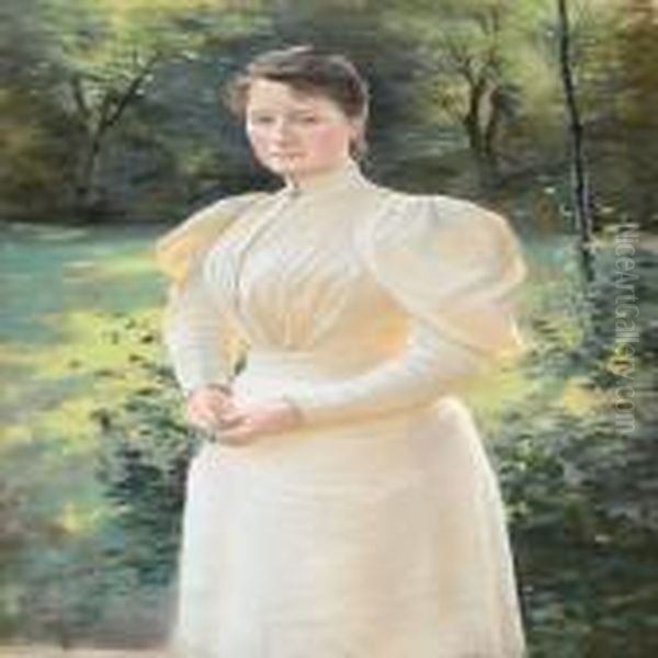 Summer Day In Agarden With A Woman In A White Dress Oil Painting by Sigvard Hansen