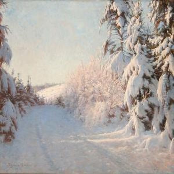 Winter Landscape Inthe Red Glow Of The Evening Sun Oil Painting by Sigvard Hansen