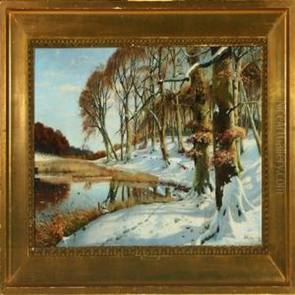 Wintry Forest Withlake And Leaping Deer Oil Painting by Sigvard Hansen