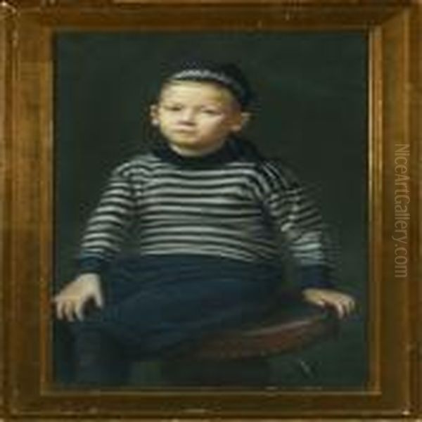 Portrait Of A Boy In A Blue Striped Sweater Oil Painting by Sigvard Hansen