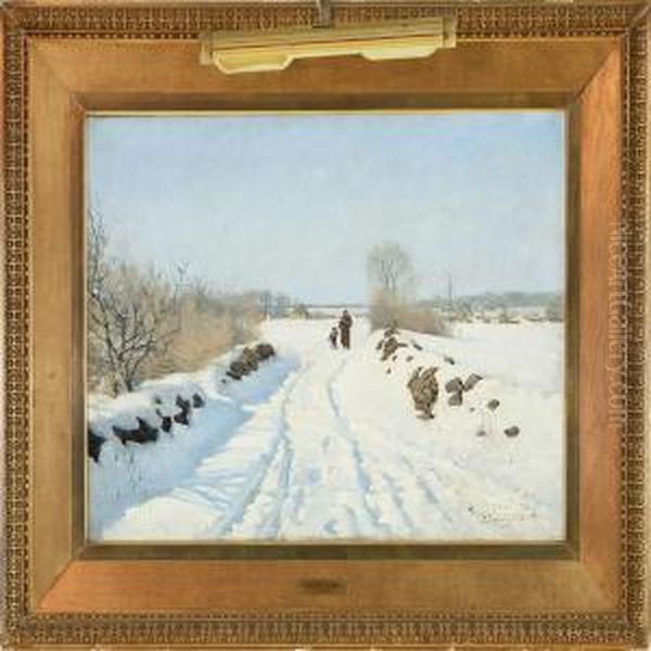 Winter Landscape With Mother And Child On The Road Oil Painting by Sigvard Hansen