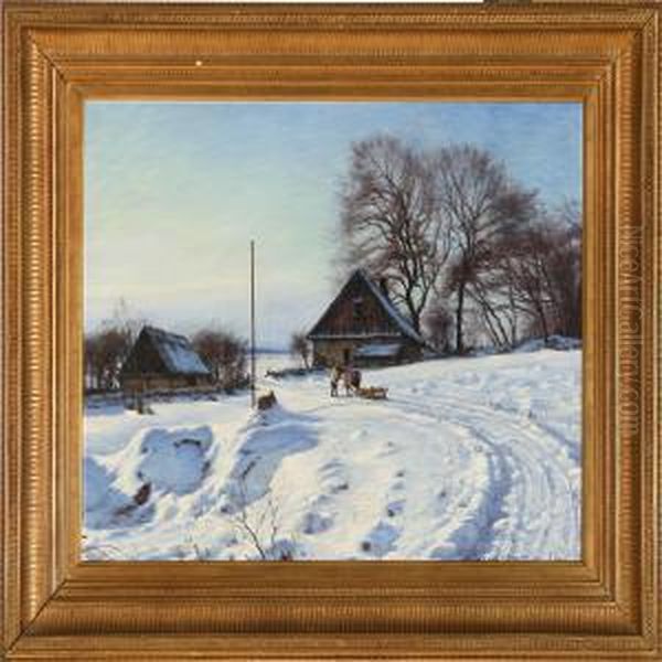 Winter Landscape With Houses At A Village Road Oil Painting by Sigvard Hansen