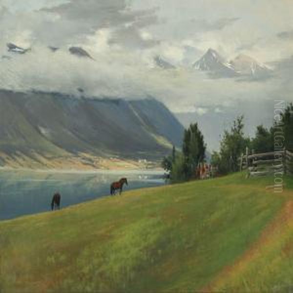 Mountain Landscape With A River And Grazing Horses Oil Painting by Sigvard Hansen