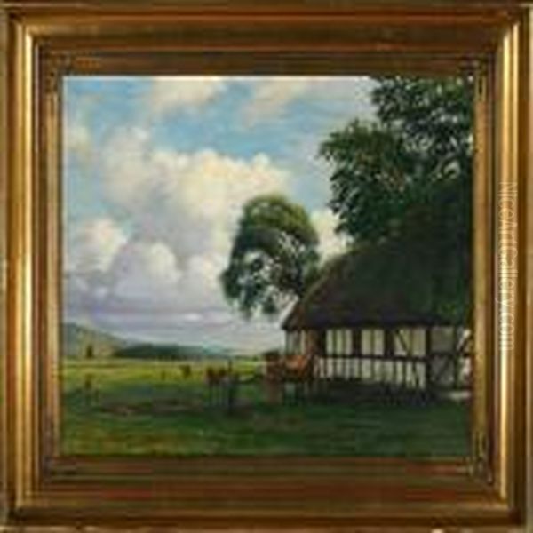 Summer Landscape With Grazing Cattle At A Farm. Signed And Dated Sigvard Hansen 1924 Oil Painting by Sigvard Hansen