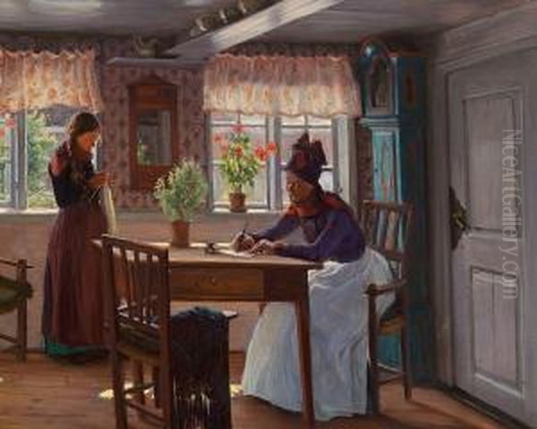 Interior With Two Girls From The Island Of Fano Oil Painting by Sigvard Hansen