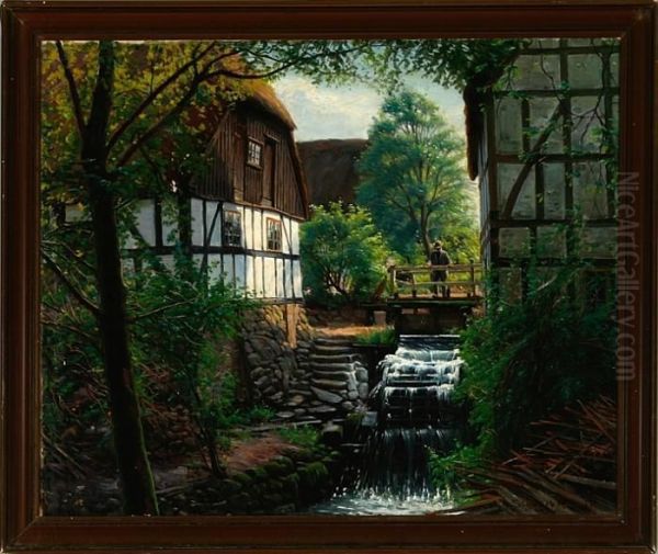 Village Scenery With A Man At A Water Mill Oil Painting by Sigvard Hansen