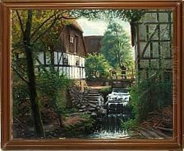 A Scenery With A Man On A Bridge By A Water Mill Oil Painting by Sigvard Hansen