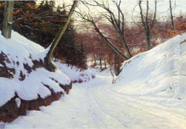 Snedaekket Vej (snowy Path In The Early Evening) Oil Painting by Sigvard Hansen