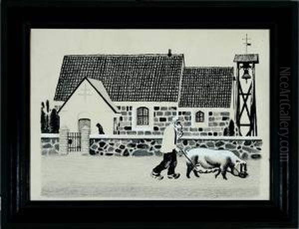 Old Man A His Pig Walking From Church On A Sunday Afternoon Oil Painting by Sikker Aage Hansen