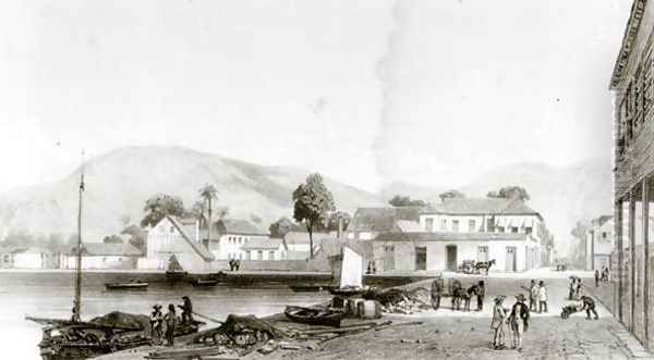 Custom House and St. Vincent's Wharf, Trinidad, c. 1850 Oil Painting by Jean-Michel Cazabon